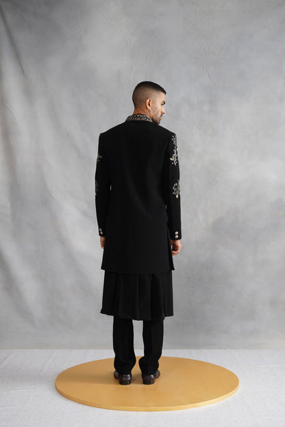 Black Open-Front Indo-Western Set with Embroidered Belt & Pleated Kurta