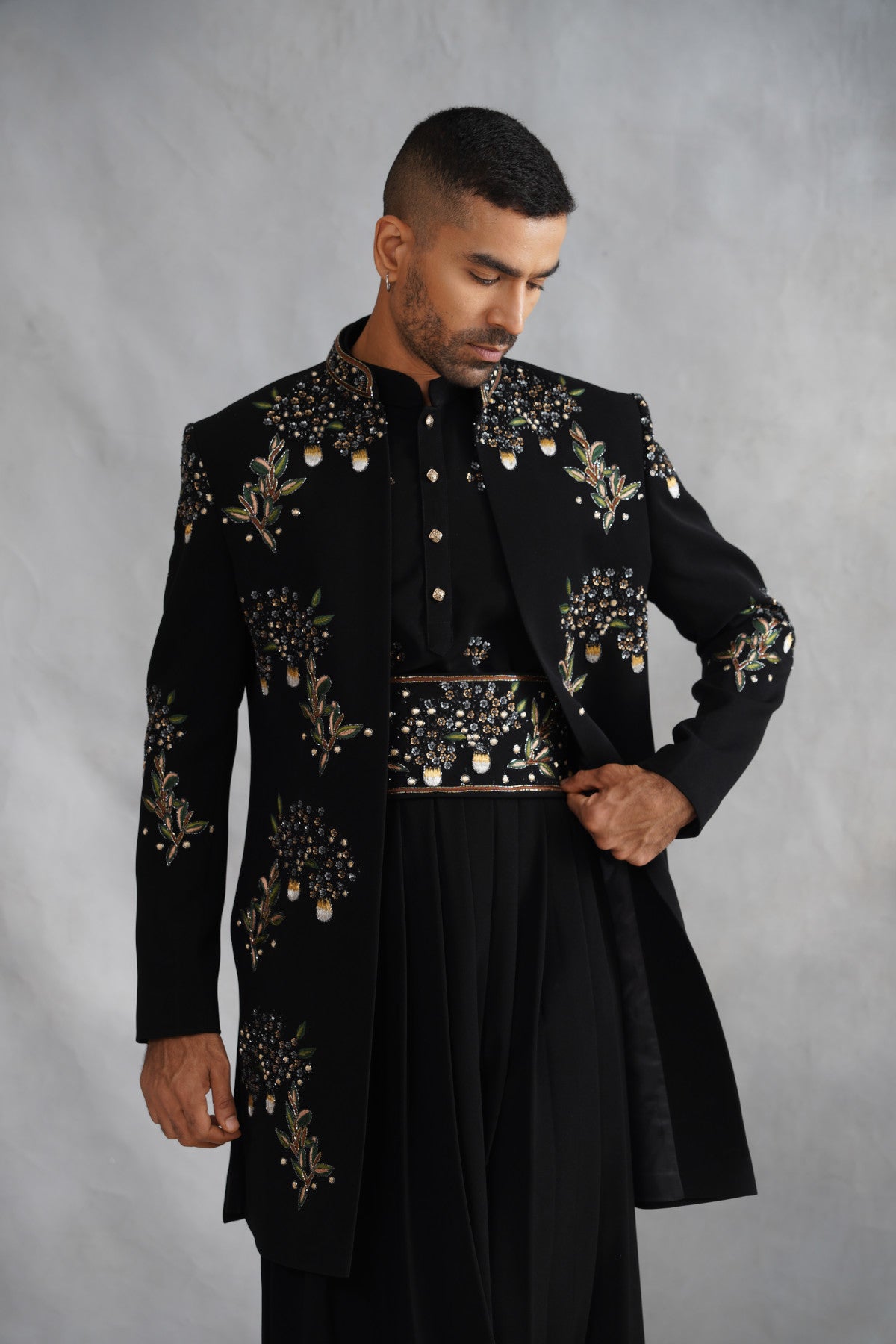 Black Open-Front Indo-Western Set with Embroidered Belt & Pleated Kurta