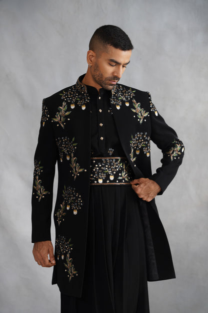 Black Open-Front Indo-Western Set with Embroidered Belt & Pleated Kurta