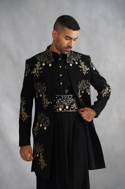 Black Open-Front Indo-Western Set with Embroidered Belt & Pleated Kurta