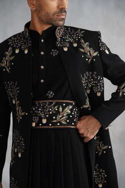 Black Open-Front Indo-Western Set with Embroidered Belt & Pleated Kurta