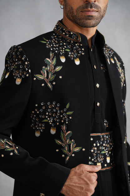 Black Open-Front Indo-Western Set with Embroidered Belt & Pleated Kurta