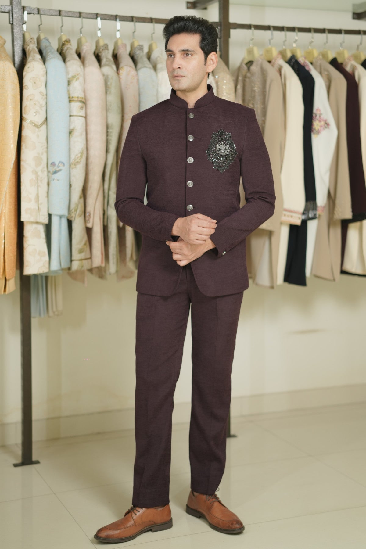 Bandhgala suit for men dark wine shop online

