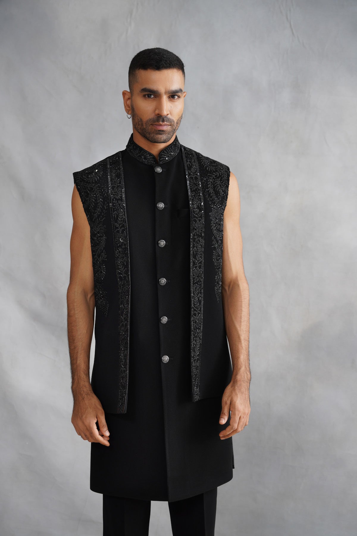 Black Open-Front Indo-Western Set with Vertical Beaded Panels