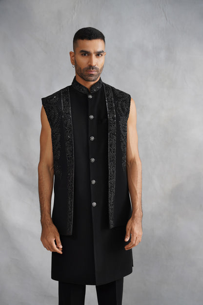 Black Open-Front Indo-Western Set with Vertical Beaded Panels
