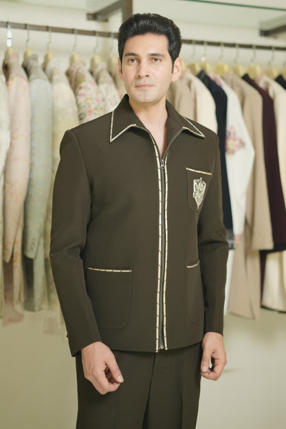 Thread work brown jacket for men shop
