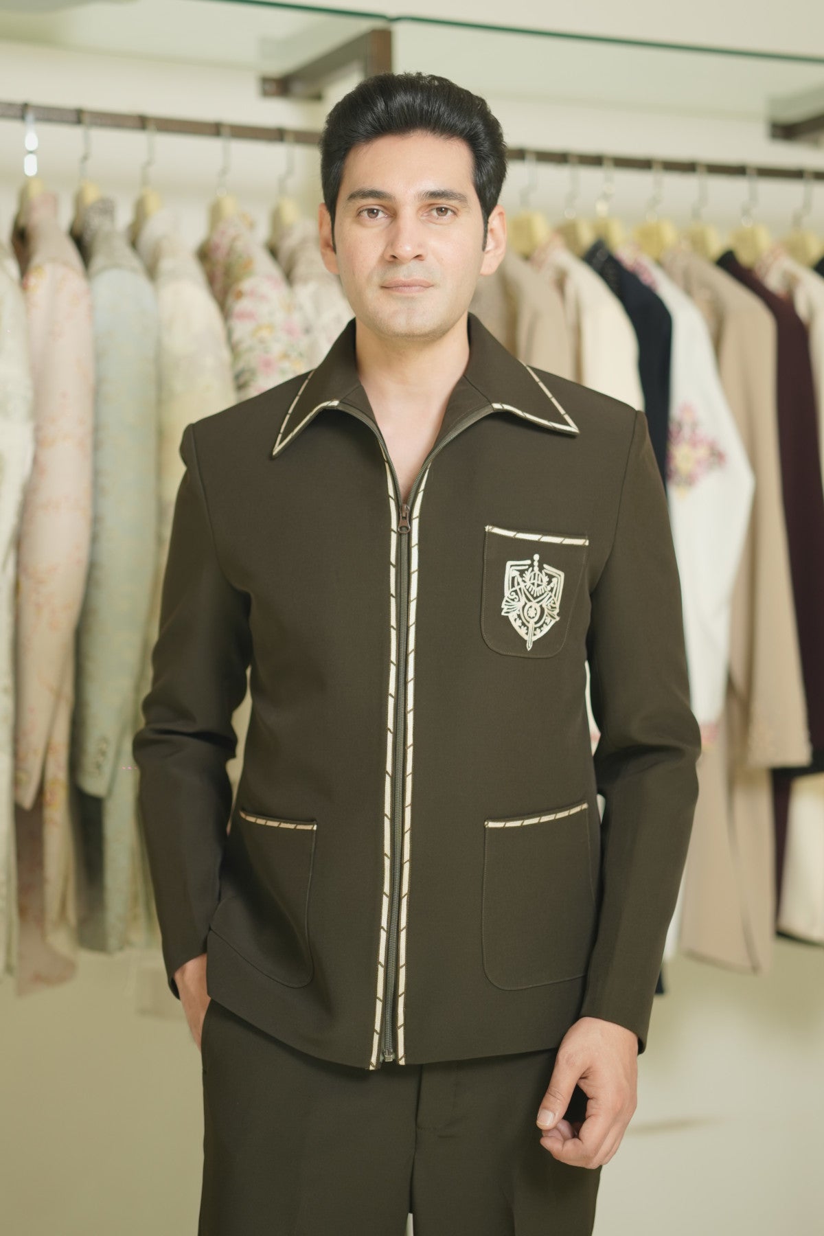 Brown zip up jacket embroidered buy online