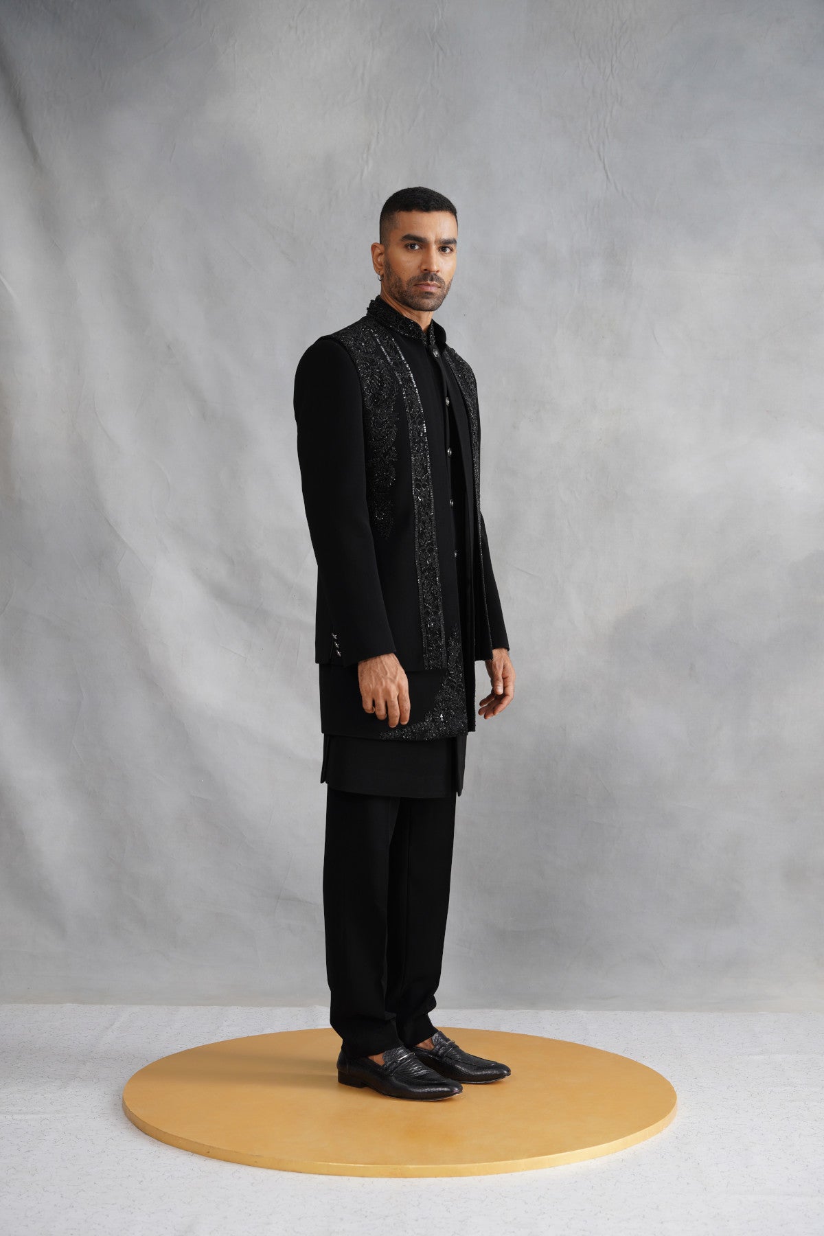 Black Open-Front Indo-Western Set with Vertical Beaded Panels