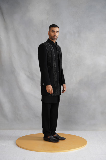 Black Open-Front Indo-Western Set with Vertical Beaded Panels