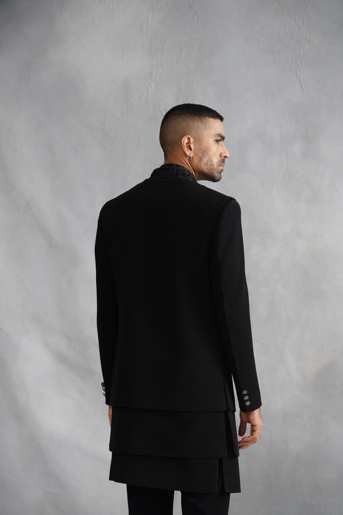 Black Open-Front Indo-Western Set with Vertical Beaded Panels