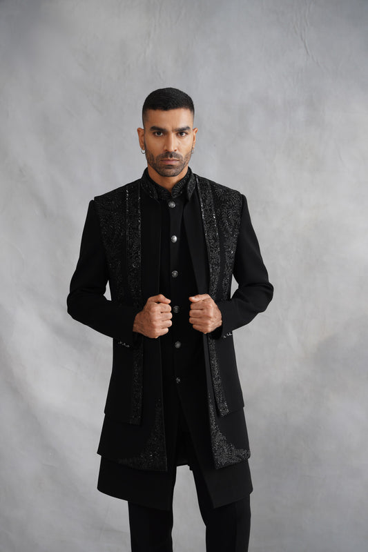 Black Open-Front Indo-Western Set with Vertical Beaded Panels