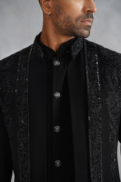 Black Open-Front Indo-Western Set with Vertical Beaded Panels