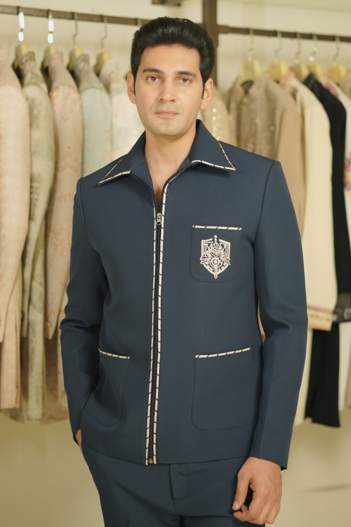Thread work blue jacket for men shop online