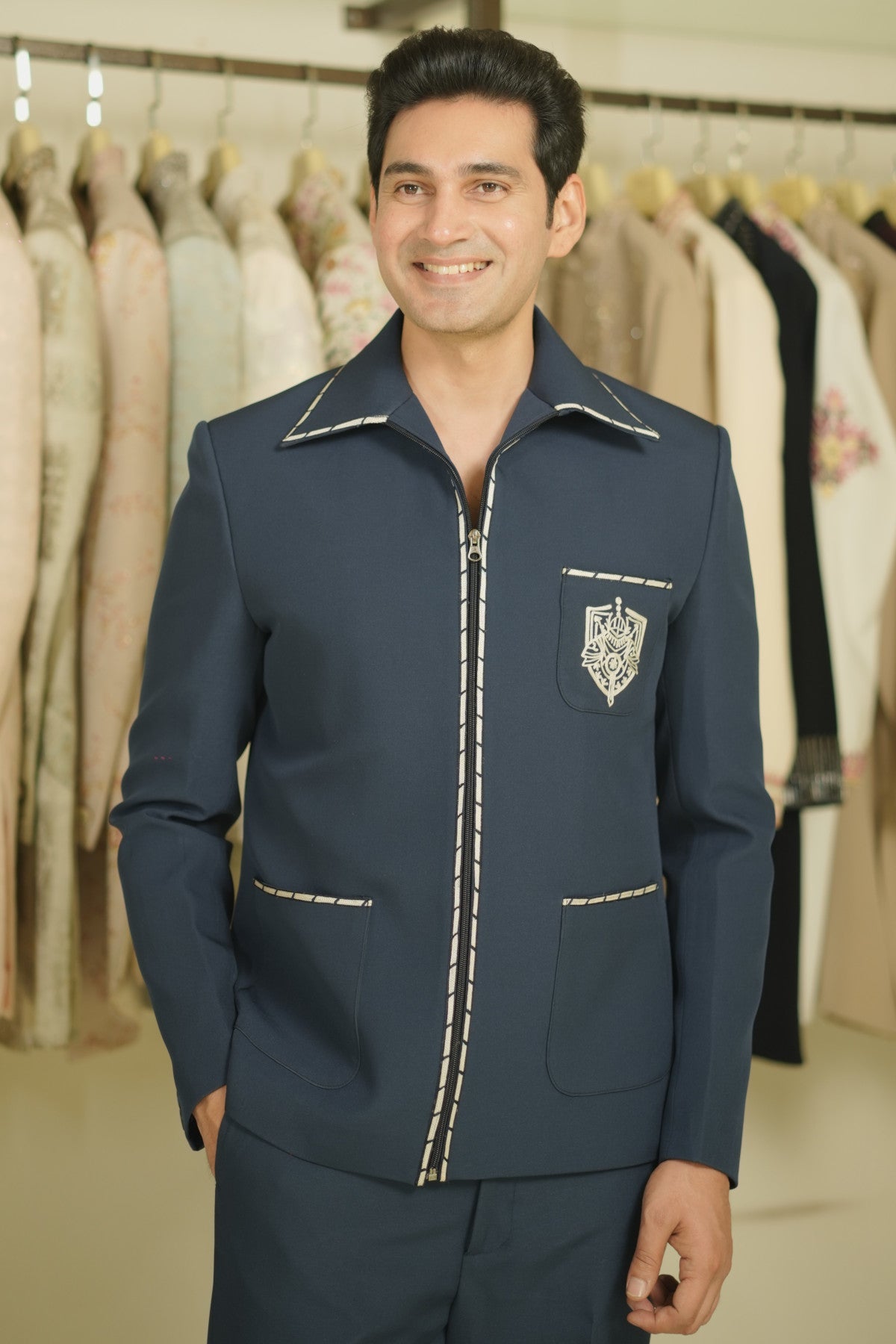 Buy Blue zip up jacket embroidered
