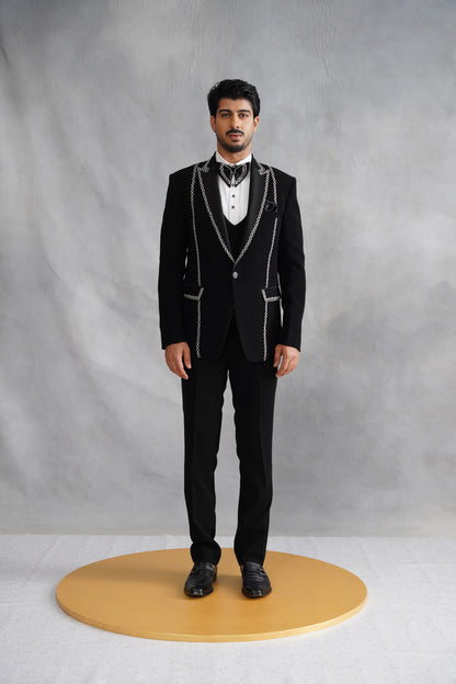 Black Tuxedo Suit with White Geometric Chain Stitch Border