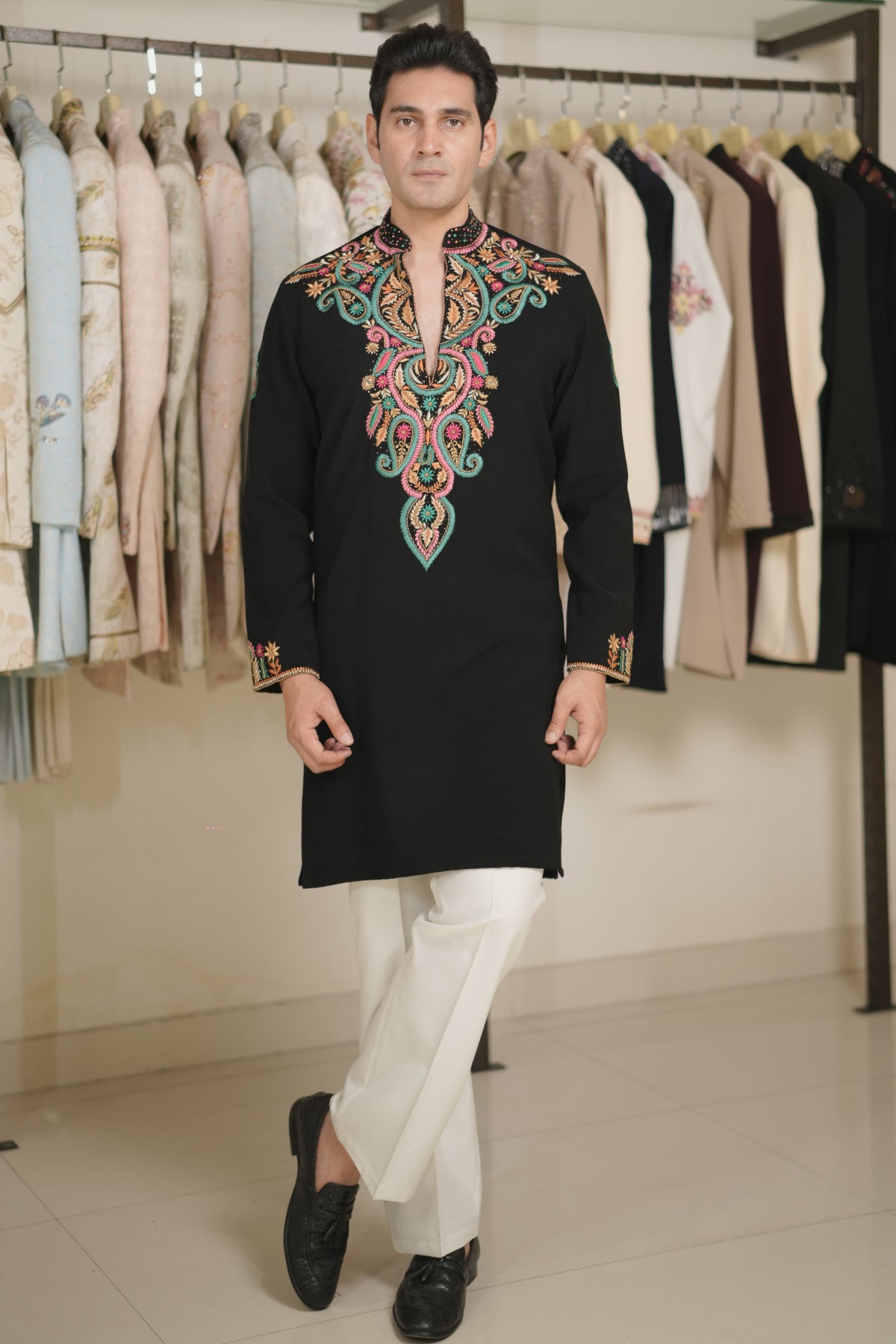 Black Kurta Set with Multi-Color Neckline Embroidery