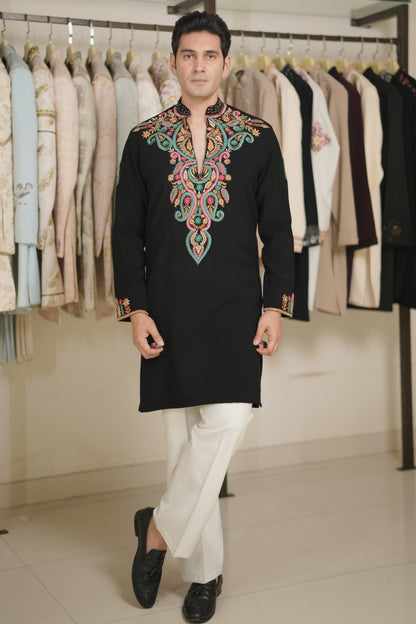 Black Kurta Set with Multi-Color Neckline Embroidery
