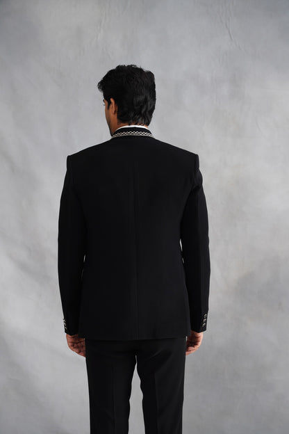 Black Tuxedo Suit with White Geometric Chain Stitch Border