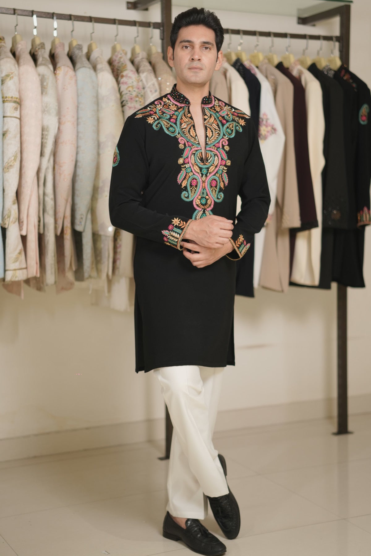 Black Kurta Set with Multi-Color Neckline Embroidery