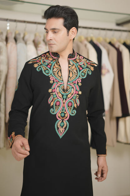 Black Kurta Set with Multi-Color Neckline Embroidery