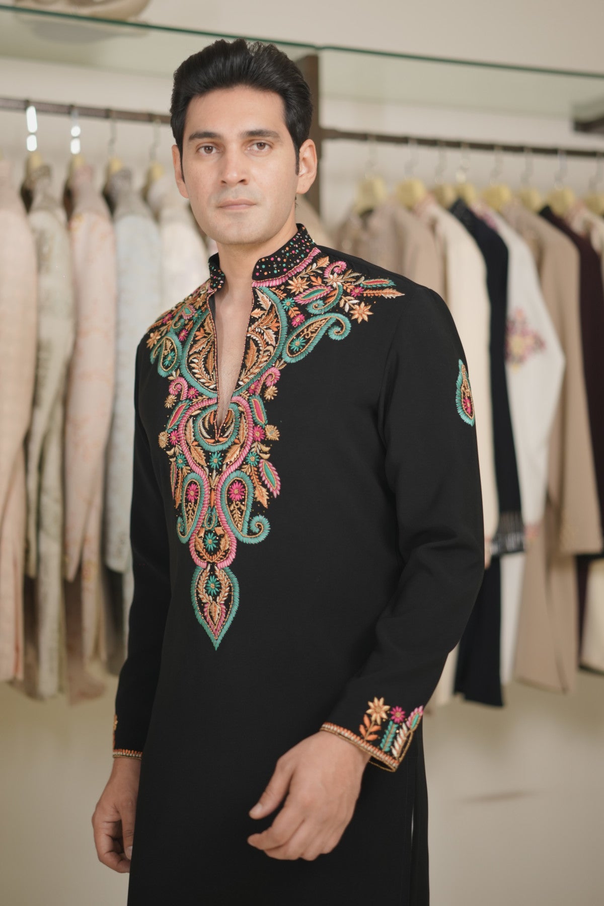 Black Kurta Set with Multi-Color Neckline Embroidery