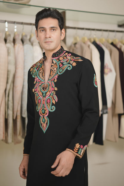 Black Kurta Set with Multi-Color Neckline Embroidery