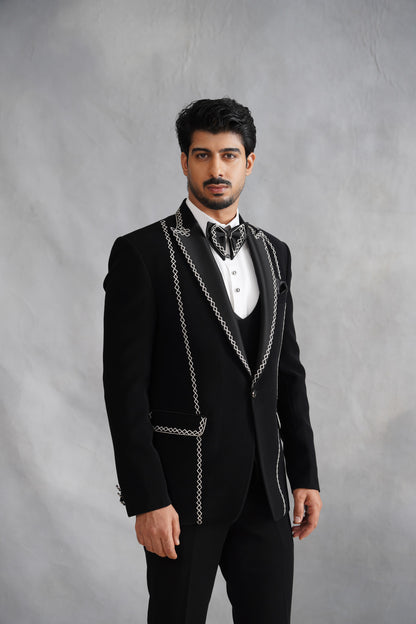 Black Tuxedo Suit with White Geometric Chain Stitch Border