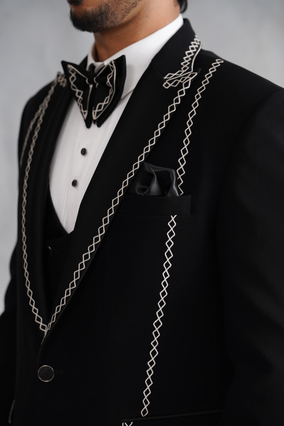 Black Tuxedo Suit with White Geometric Chain Stitch Border