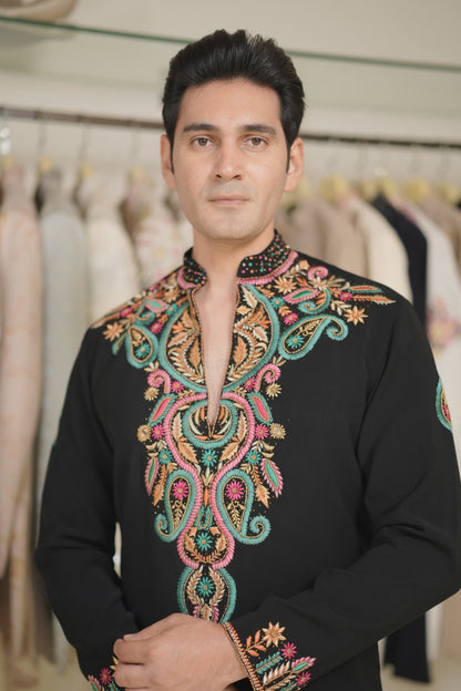 Black Kurta Set with Multi-Color Neckline Embroidery