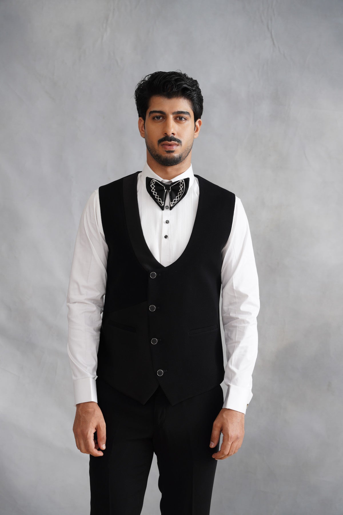 Black Tuxedo Suit with White Geometric Chain Stitch Border