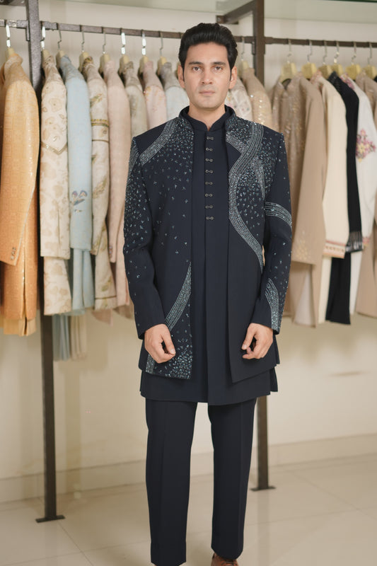 Navy Blue Layered Indo-Western Suit with Hand Embroidery