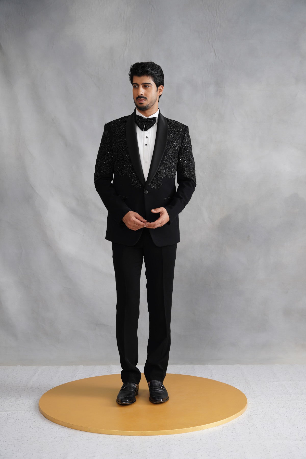 Black Tuxedo Suit with Floral Beadwork Shoulders & Matching Cummerbund