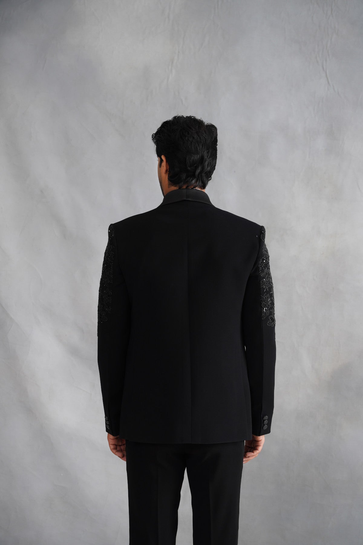 Black Tuxedo Suit with Floral Beadwork Shoulders & Matching Cummerbund