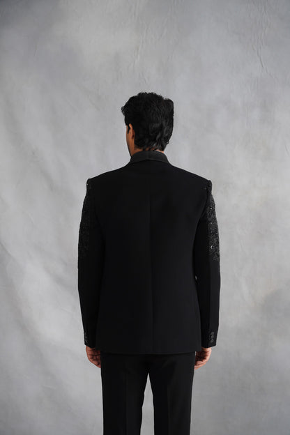 Black Tuxedo Suit with Floral Beadwork Shoulders & Matching Cummerbund