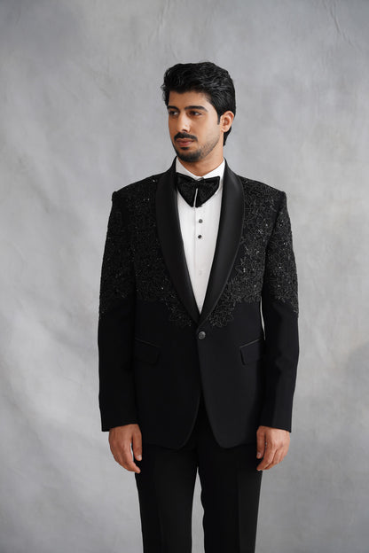 Black Tuxedo Suit with Floral Beadwork Shoulders & Matching Cummerbund