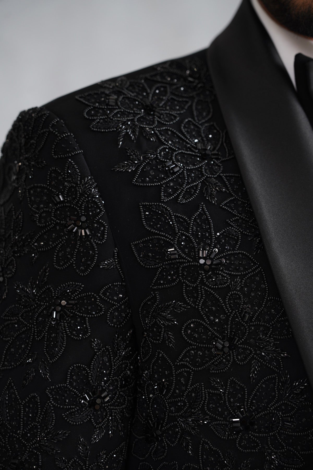 Black Tuxedo Suit with Floral Beadwork Shoulders & Matching Cummerbund