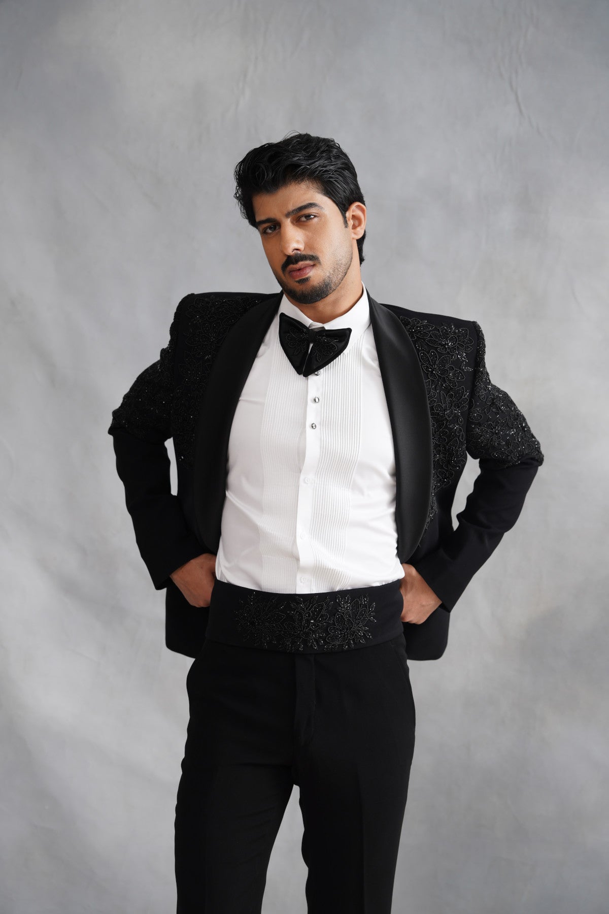 Black Tuxedo Suit with Floral Beadwork Shoulders & Matching Cummerbund