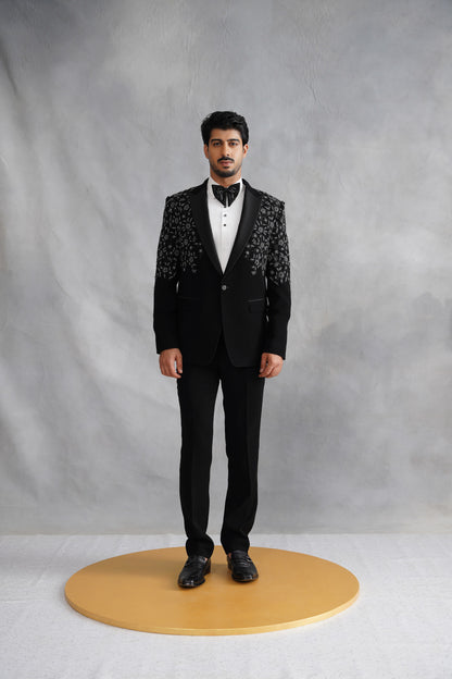 Black Tuxedo Suit with Silver Embroidery & Matching Cummerbund