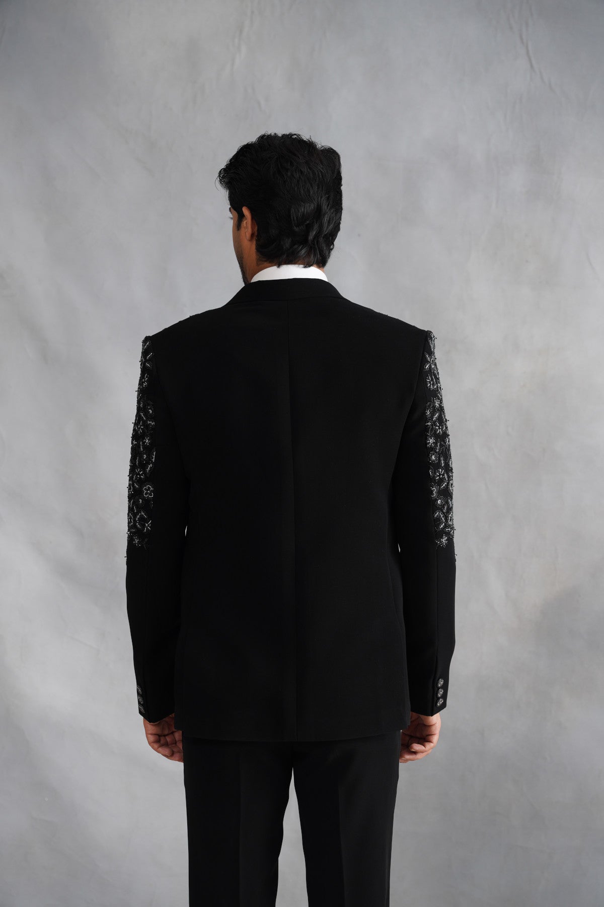 Black Tuxedo Suit with Silver Embroidery & Matching Cummerbund