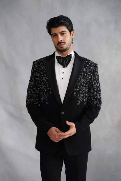 Black Tuxedo Suit with Silver Embroidery & Matching Cummerbund