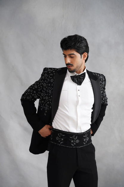 Black Tuxedo Suit with Silver Embroidery & Matching Cummerbund
