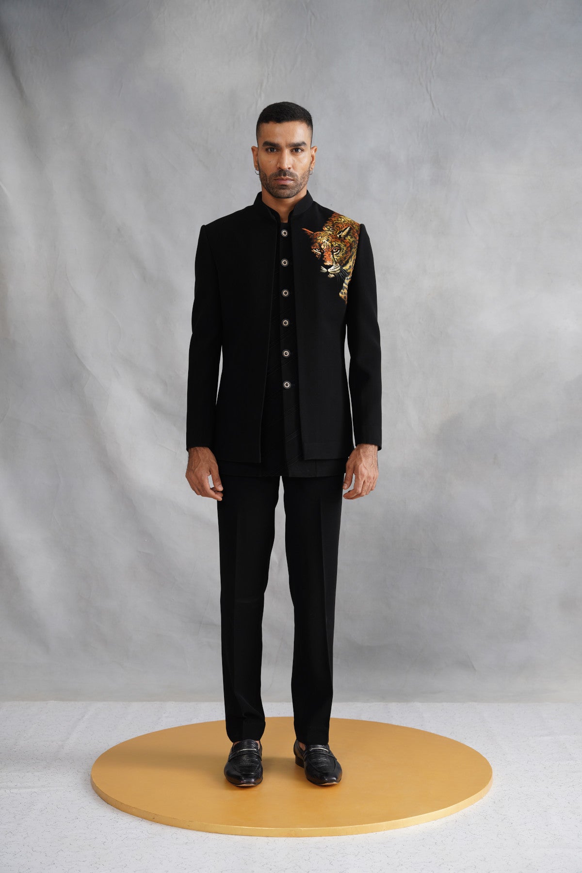 Black Open Jacket Set with Realistic Hand-Painted Leopard