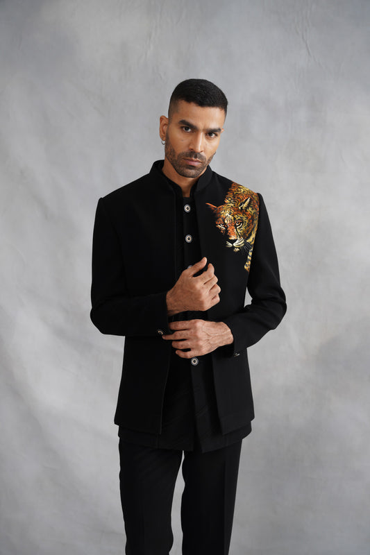 Black Open Jacket Set with Realistic Hand-Painted Leopard