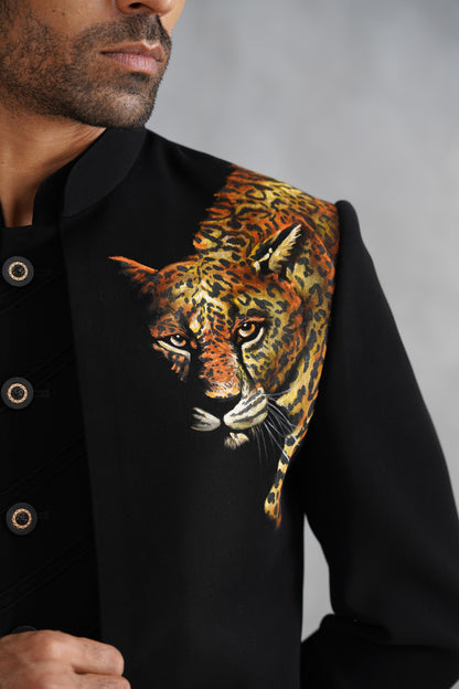 Black Open Jacket Set with Realistic Hand-Painted Leopard