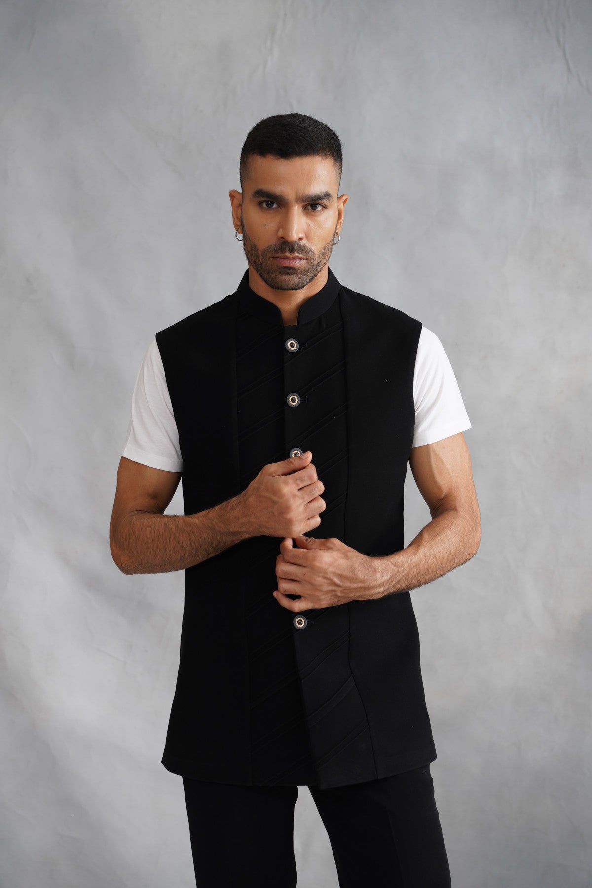 Black Open Jacket Set with Realistic Hand-Painted Leopard