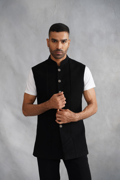 Black Open Jacket Set with Realistic Hand-Painted Leopard