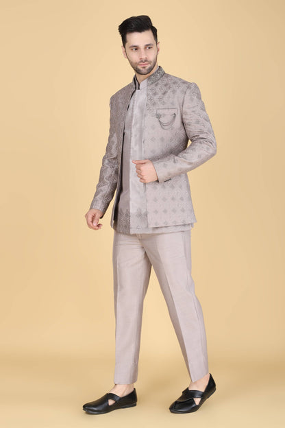 Grey Thread And Sequins Embroidered Short Indowestern On Silk