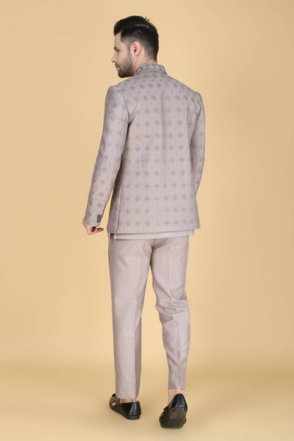 Grey Thread And Sequins Embroidered Short Indowestern On Silk
