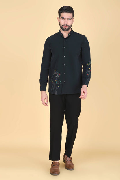Teal Green Hand Embroidered Shirt for Men