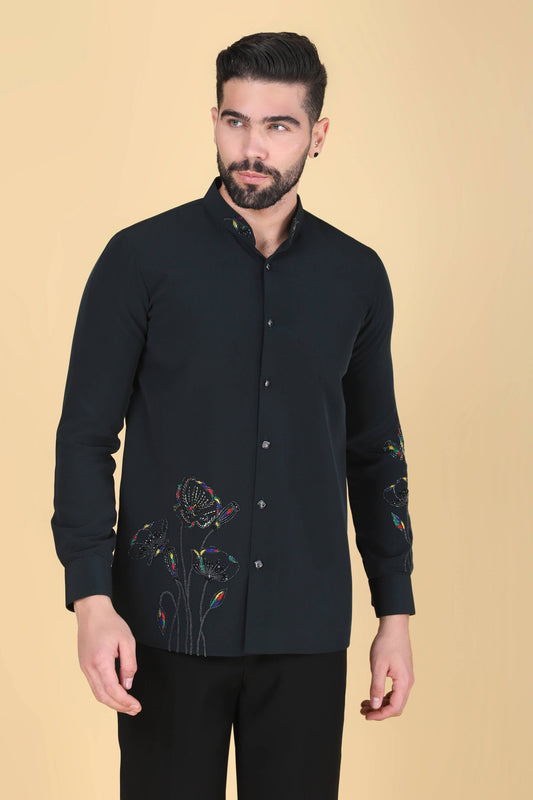 Teal Green Hand Embroidered Shirt for Men